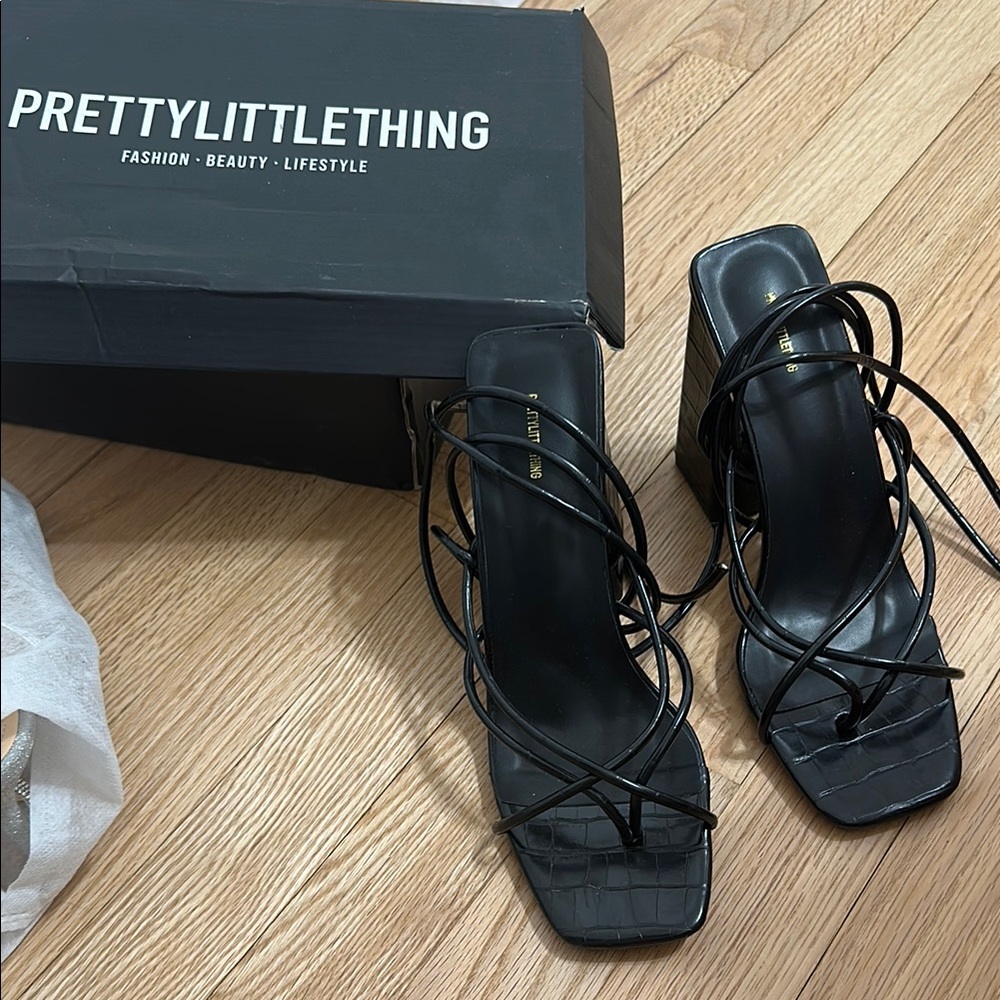 PrettyLittleThing Black Strappy Heels